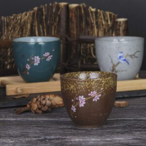 VanEnjoy Set of 5 Hand-Drawn Traditional Chinese Ceramic Teacup Tea Cups, Floral and Bird Pattern, Bulk Teacup in Gift Box (Floral Birds)