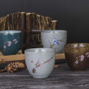 VanEnjoy Set of 5 Hand-Drawn Traditional Chinese Ceramic Teacup Tea Cups, Floral and Bird Pattern, Bulk Teacup in Gift Box (Floral Birds)