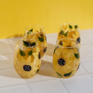 Market Street Gallery - Hand-Painted Sunflower Stemless Wine Glass Set - Rustic Country Farmhouse Decor - Kitchen Gift, Set of 2