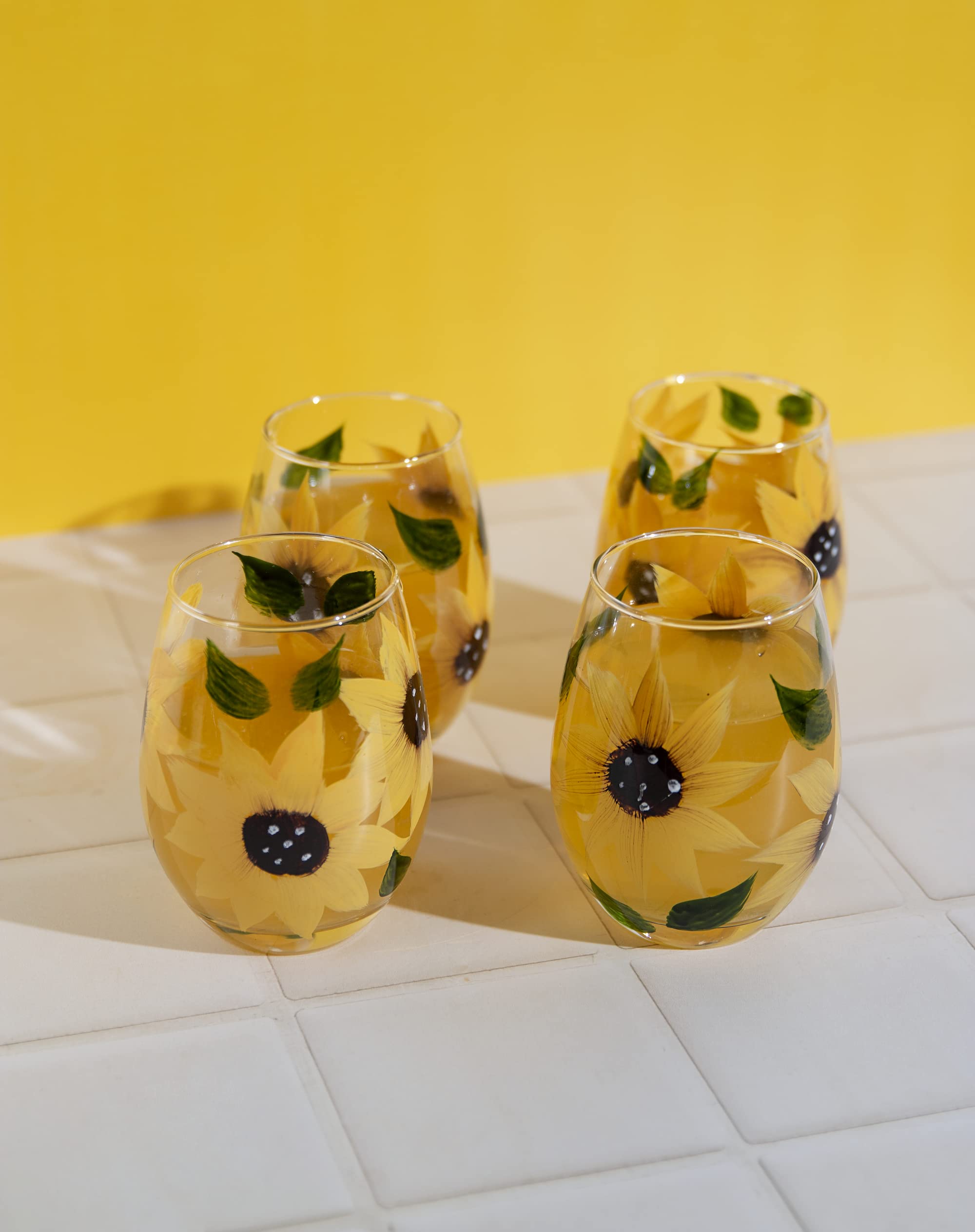 Market Street Gallery - Hand-Painted Sunflower Stemless Wine Glass Set - Rustic Country Farmhouse Decor - Kitchen Gift, Set of 2