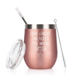 dear cancer you picked the wrong bitch stainless steel wine tumbler, cancer gifts for women, breast cancer cancer survivor chemotherapy gifts for women, 12oz insulated wine tumbler with lid, rose gold