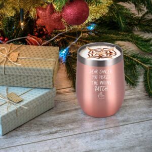 Dear Cancer You Picked The Wrong Bitch Stainless Steel Wine Tumbler, Cancer Gifts For Women, Breast Cancer Cancer Survivor Chemotherapy Gifts For Women, 12oz Insulated Wine Tumbler with Lid, Rose Gold