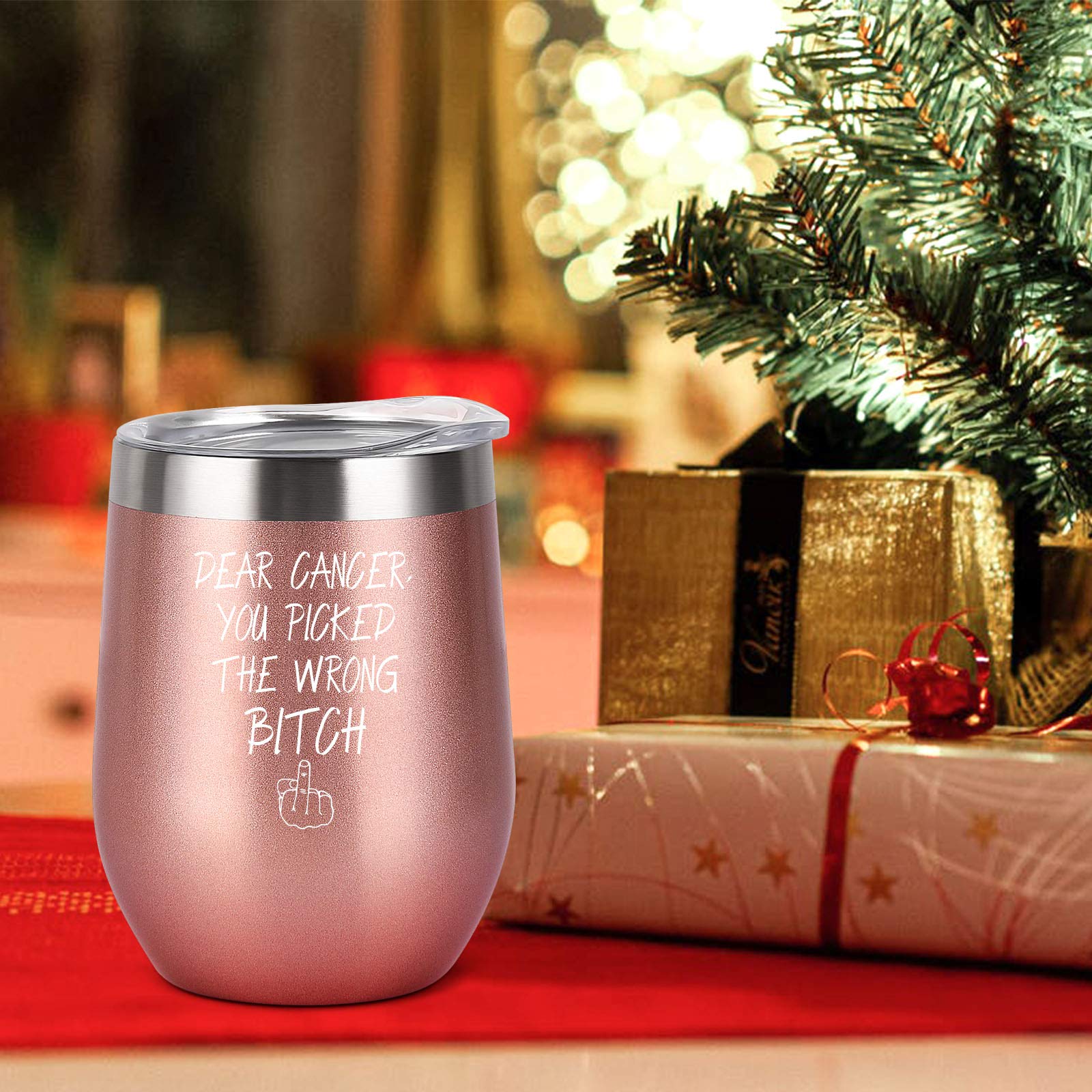 Dear Cancer You Picked The Wrong Bitch Stainless Steel Wine Tumbler, Cancer Gifts For Women, Breast Cancer Cancer Survivor Chemotherapy Gifts For Women, 12oz Insulated Wine Tumbler with Lid, Rose Gold