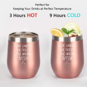 Dear Cancer You Picked The Wrong Bitch Stainless Steel Wine Tumbler, Cancer Gifts For Women, Breast Cancer Cancer Survivor Chemotherapy Gifts For Women, 12oz Insulated Wine Tumbler with Lid, Rose Gold