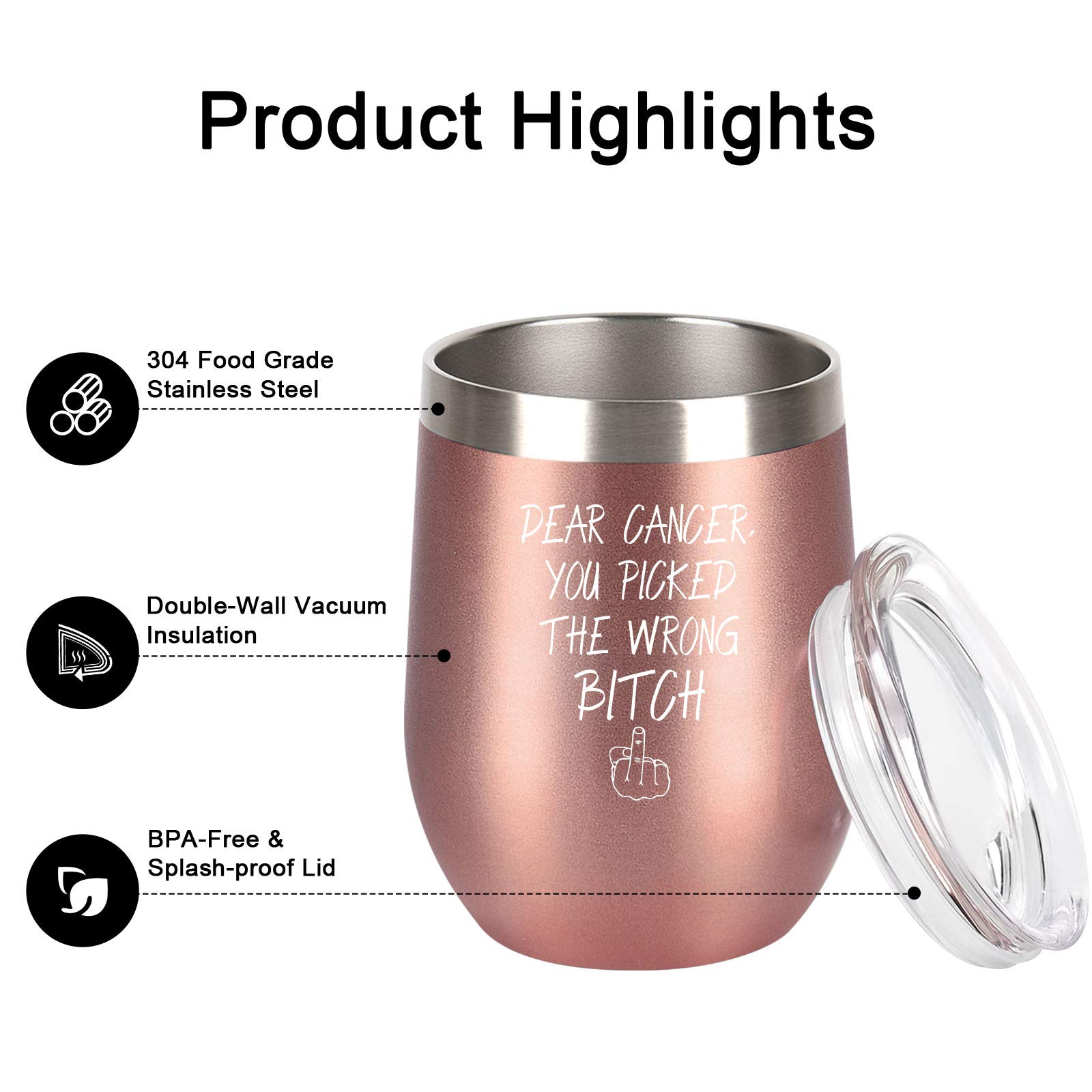 Dear Cancer You Picked The Wrong Bitch Stainless Steel Wine Tumbler, Cancer Gifts For Women, Breast Cancer Cancer Survivor Chemotherapy Gifts For Women, 12oz Insulated Wine Tumbler with Lid, Rose Gold