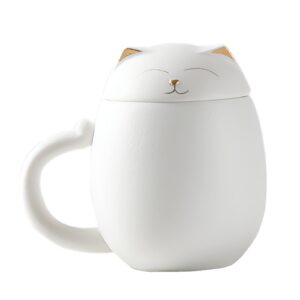 duanmul cat mug cute ceramic coffee cup with infuser and lid,filter for steeping loose leaf,kawaii coaster,novelty morning cup tea milk christmas mug chinese handmade porcelain teacup(white)
