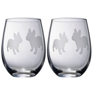 set of 2 french bulldog dog stemless wine glasses - french bulldog puppy & doggy lover for him & her - dogs silhouette - glass gifts etched tumblers for anniversary, wedding, home bar gifts