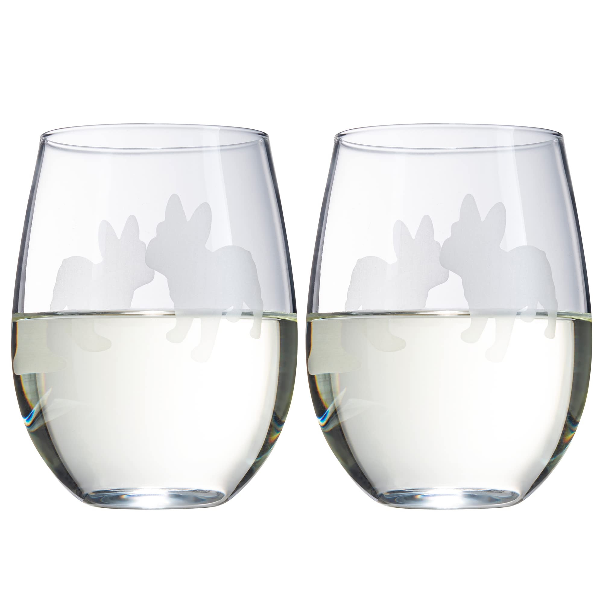 Set of 2 French Bulldog Dog Stemless Wine Glasses - French Bulldog Puppy & Doggy Lover for Him & Her - Dogs Silhouette - Glass Gifts Etched Tumblers for Anniversary, Wedding, Home Bar Gifts