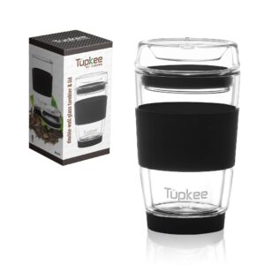 tupkee double wall glass tumbler - 8-ounce, all glass reusable insulated tea/coffee mug & lid, hand blown glass travel mug - black
