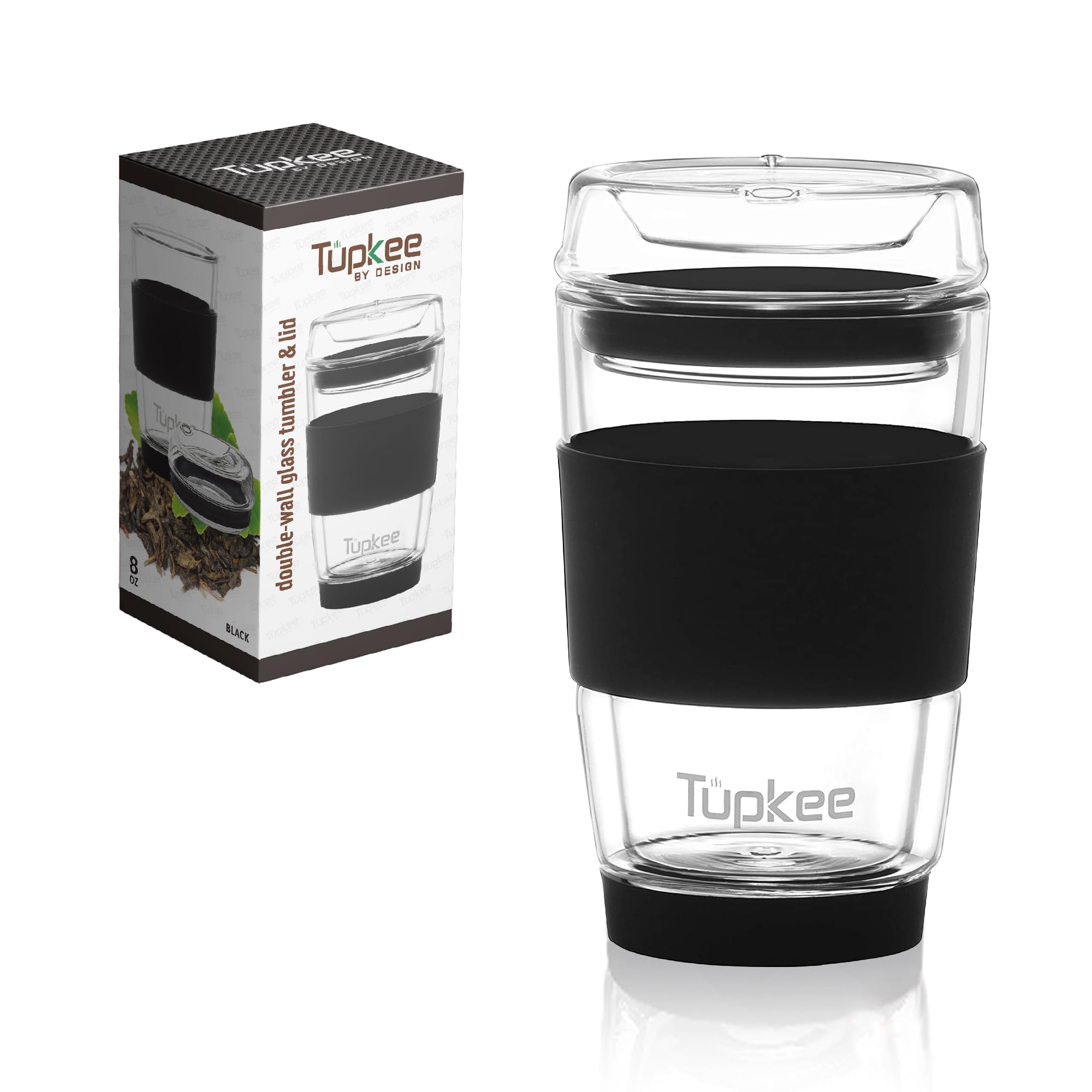 Tupkee Double Wall Glass Tumbler - 8-Ounce, All Glass Reusable Insulated Tea/Coffee Mug & Lid, Hand Blown Glass Travel Mug - Black