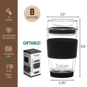 Tupkee Double Wall Glass Tumbler - 8-Ounce, All Glass Reusable Insulated Tea/Coffee Mug & Lid, Hand Blown Glass Travel Mug - Black