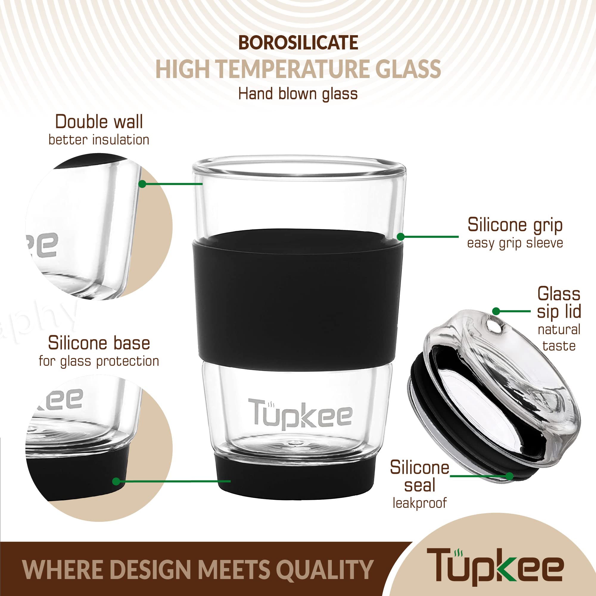 Tupkee Double Wall Glass Tumbler - 8-Ounce, All Glass Reusable Insulated Tea/Coffee Mug & Lid, Hand Blown Glass Travel Mug - Black