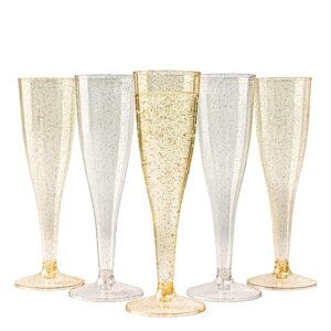matana 120 silver & gold glitter plastic champagne flutes, 5 oz plastic champagne glasses for parties, clear plastic toasting glasses, mimosa glasses, wedding party cocktail cups, reusable | bulk pack