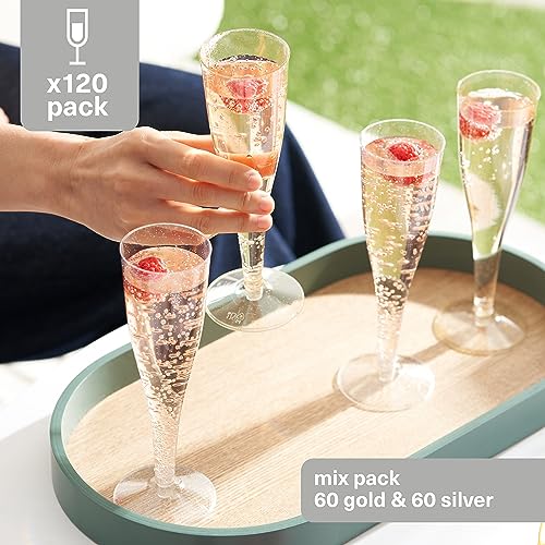 MATANA 120 Silver & Gold Glitter Plastic Champagne Flutes, 5 Oz Plastic Champagne Glasses for Parties, Clear Plastic Toasting Glasses, Mimosa Glasses, Wedding Party Cocktail Cups, Reusable | Bulk Pack