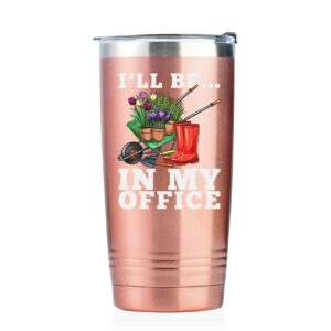 onebttl gardening gifts for women, gardening tumbler, plant lover gifts, i'll be in my office, gardener gifts, gifts for gardening lovers, gardeners, wife, mom, stainless steel tumbler 20oz rose gold