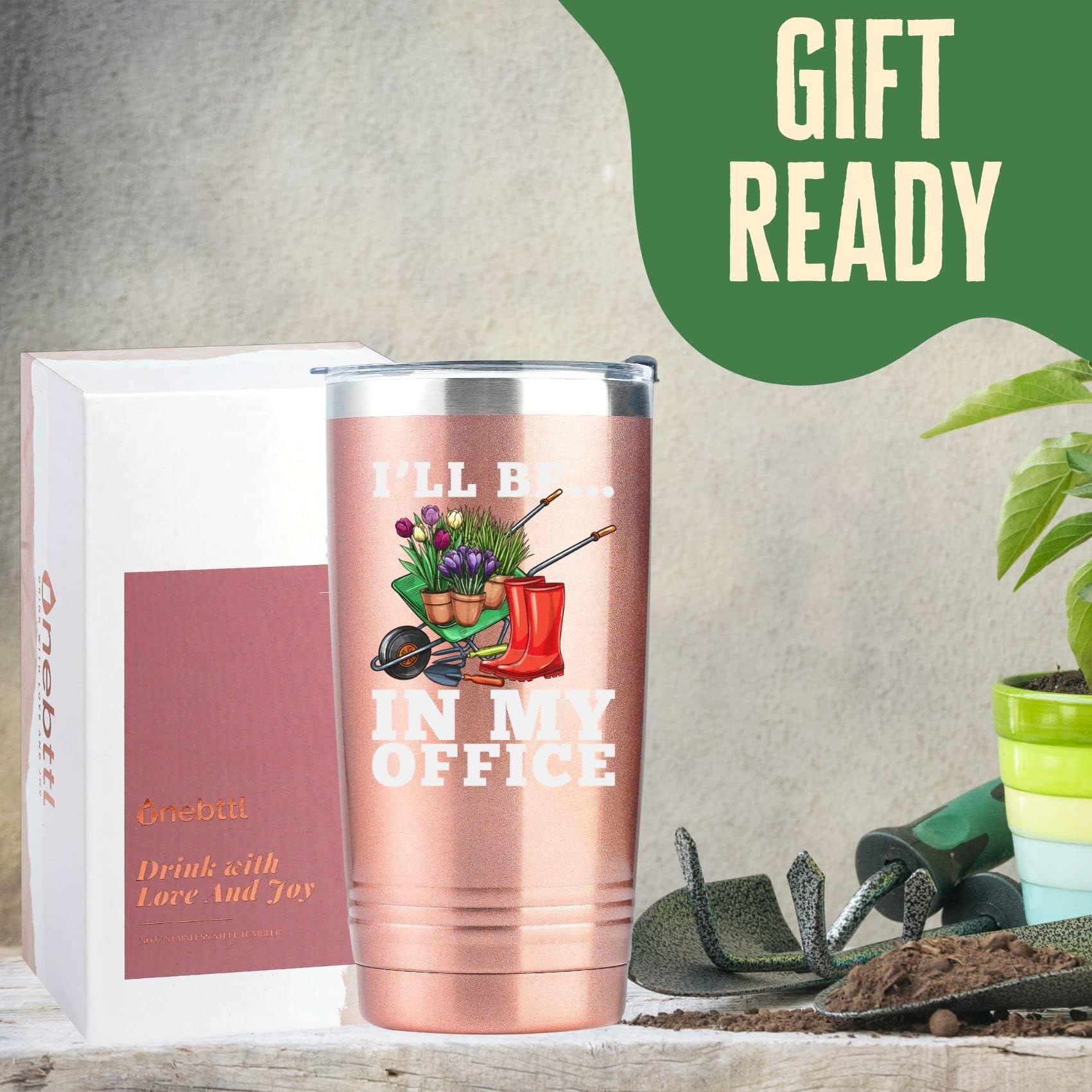 Onebttl Gardening Gifts for Women, Gardening Tumbler, Plant Lover Gifts, I'll Be in My Office, Gardener Gifts, Gifts for Gardening Lovers, Gardeners, Wife, Mom, Stainless Steel Tumbler 20oz Rose Gold