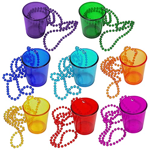 inheming 8 Pieces Christmas Shot Glass on Beaded Necklace, Plastic Colorful Clear Shot Cup Necklace, Bachelorette Party Team Groom and Bride Supplies for Birthday Wedding Festival Parade Favor