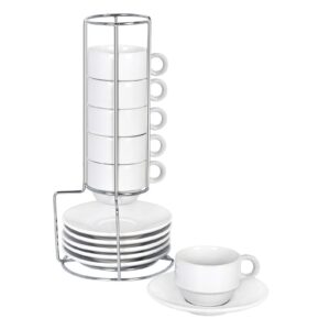 lifecapido espresso cups and saucers with stand rack, porcelain stackable espresso mugs, 2.5 ounce demitasse cups designed for espresso, latte, cafe, mocha - set of 6 (white)