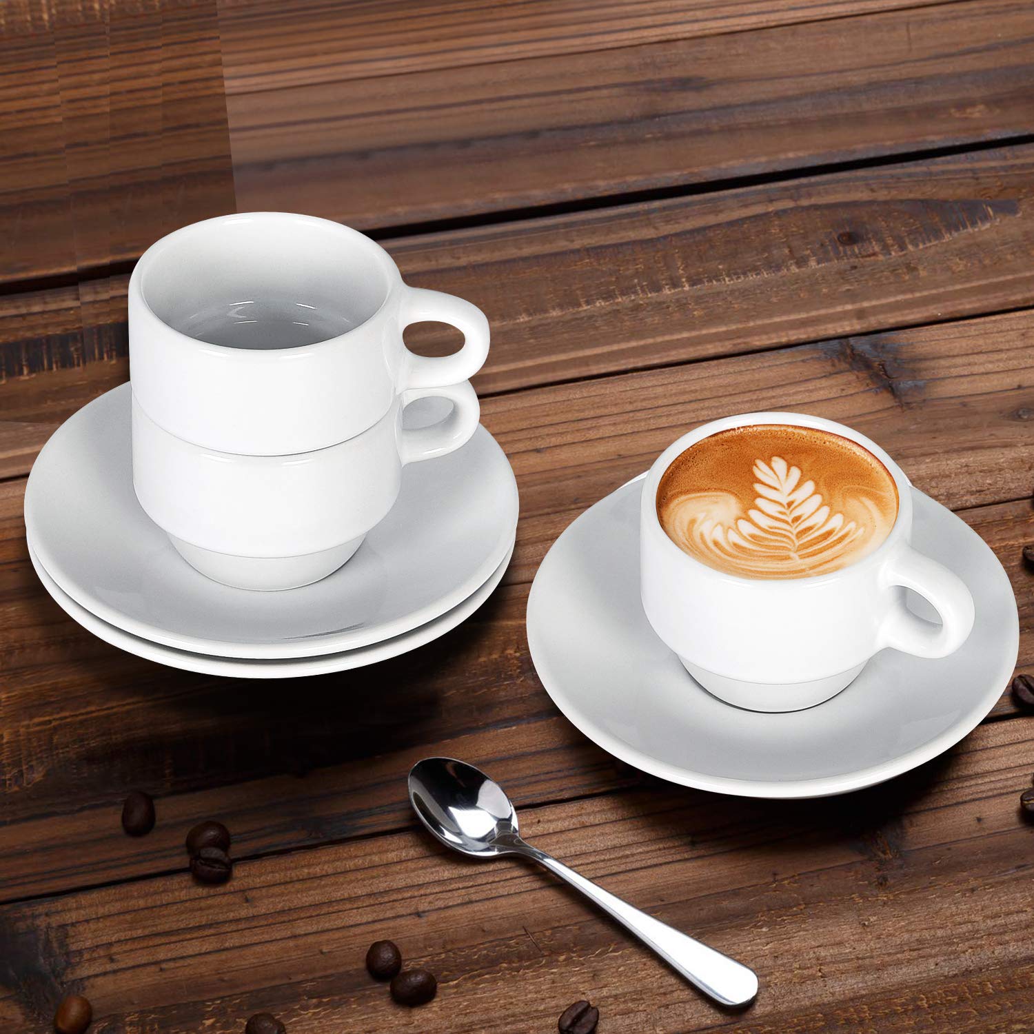 Lifecapido Espresso Cups and Saucers with Stand Rack, Porcelain Stackable Espresso Mugs, 2.5 Ounce Demitasse Cups Designed for Espresso, Latte, Cafe, Mocha - Set of 6 (White)
