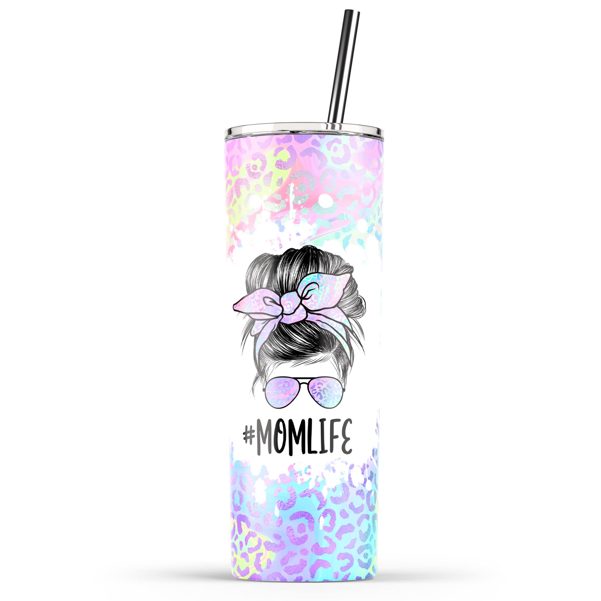 YouNique Designs Iridescent Leopard Mom Coffee Tumbler with Straw and Lid, 20 Oz, Insulated Stainless Steel Skinny Tumbler for Women, Mama Tea Tumbler, Mom Life Water Tumbler Cup