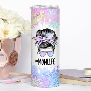 YouNique Designs Iridescent Leopard Mom Coffee Tumbler with Straw and Lid, 20 Oz, Insulated Stainless Steel Skinny Tumbler for Women, Mama Tea Tumbler, Mom Life Water Tumbler Cup