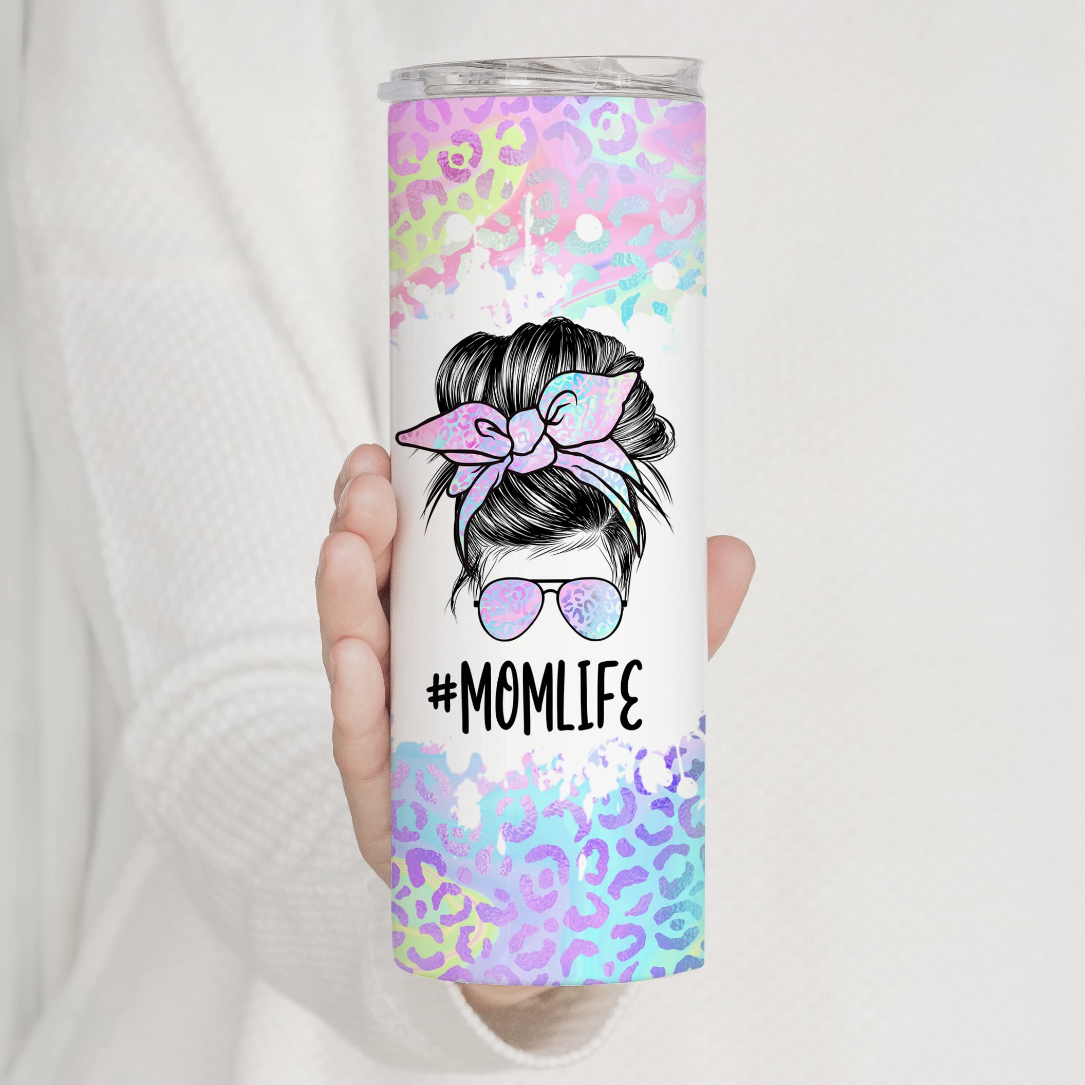 YouNique Designs Iridescent Leopard Mom Coffee Tumbler with Straw and Lid, 20 Oz, Insulated Stainless Steel Skinny Tumbler for Women, Mama Tea Tumbler, Mom Life Water Tumbler Cup