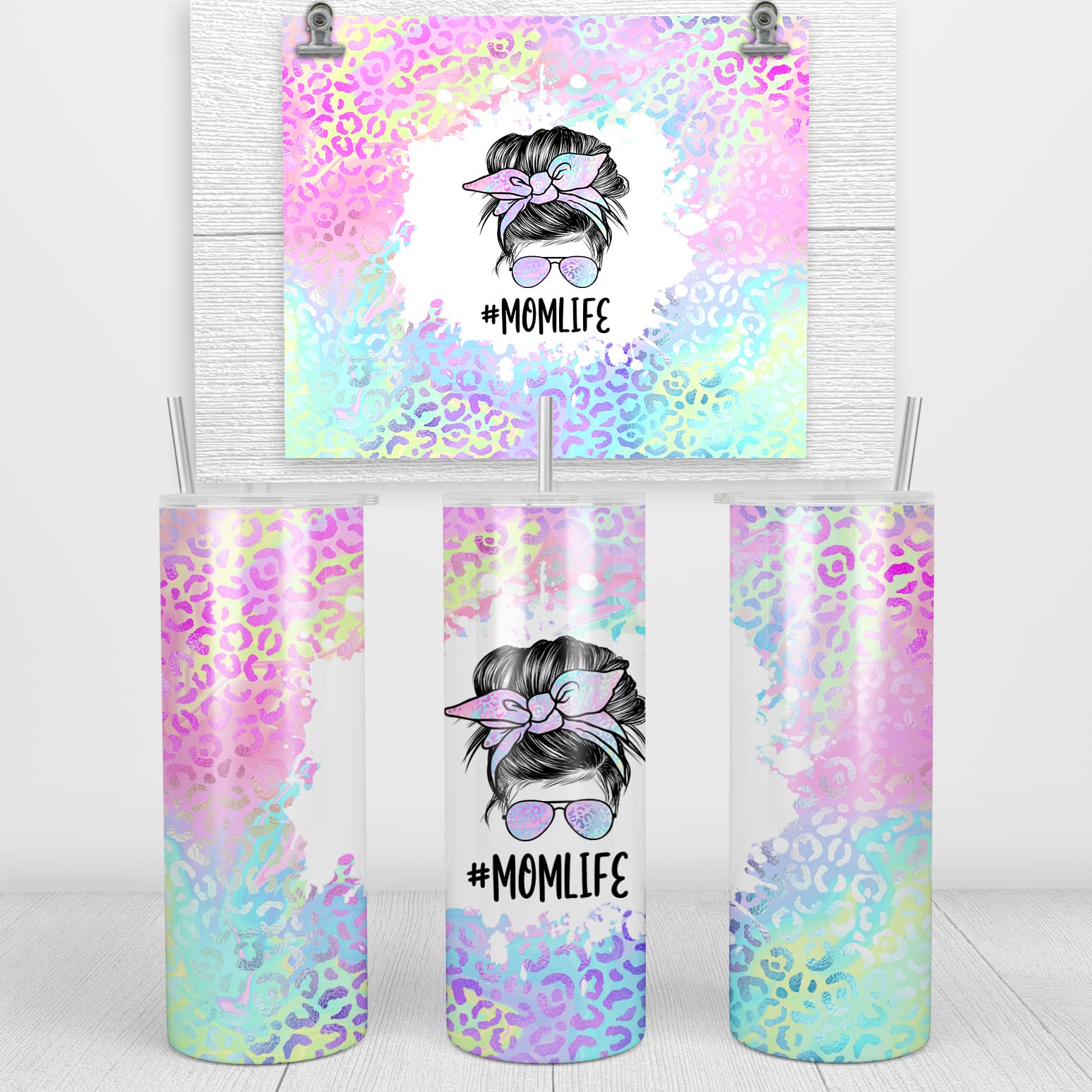 YouNique Designs Iridescent Leopard Mom Coffee Tumbler with Straw and Lid, 20 Oz, Insulated Stainless Steel Skinny Tumbler for Women, Mama Tea Tumbler, Mom Life Water Tumbler Cup