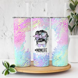 YouNique Designs Iridescent Leopard Mom Coffee Tumbler with Straw and Lid, 20 Oz, Insulated Stainless Steel Skinny Tumbler for Women, Mama Tea Tumbler, Mom Life Water Tumbler Cup