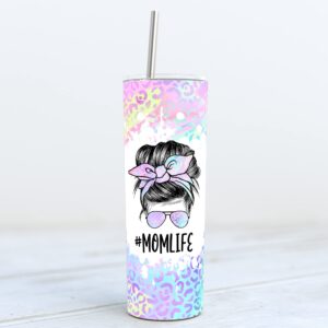 YouNique Designs Iridescent Leopard Mom Coffee Tumbler with Straw and Lid, 20 Oz, Insulated Stainless Steel Skinny Tumbler for Women, Mama Tea Tumbler, Mom Life Water Tumbler Cup