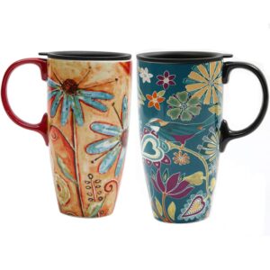 topadorn 17 oz tall ceramic travel mug coffee cup with sealed lid,set of 2