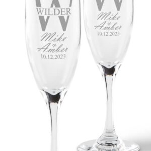 Personalized Wedding Champagne Flutes -Split Font -Set of 2 glasses for toasting/bride and groom gifts -Wedding Registry By Brides Name, Wedding Gift