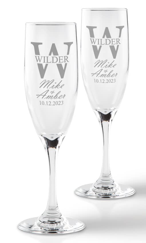 Personalized Wedding Champagne Flutes -Split Font -Set of 2 glasses for toasting/bride and groom gifts -Wedding Registry By Brides Name, Wedding Gift