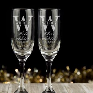 Personalized Wedding Champagne Flutes -Split Font -Set of 2 glasses for toasting/bride and groom gifts -Wedding Registry By Brides Name, Wedding Gift