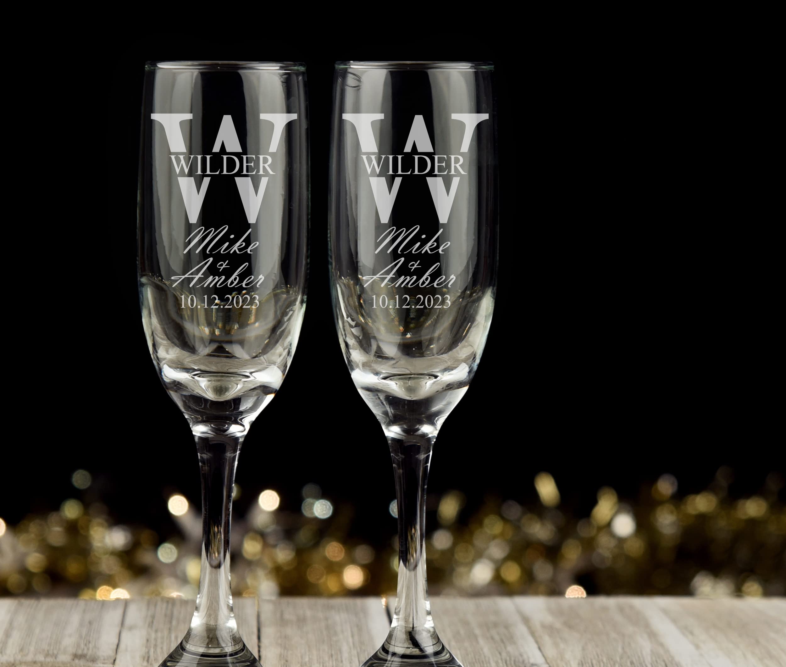 Personalized Wedding Champagne Flutes -Split Font -Set of 2 glasses for toasting/bride and groom gifts -Wedding Registry By Brides Name, Wedding Gift