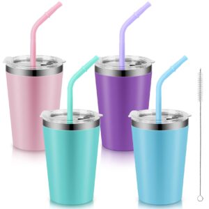 rommeka kids stainless steel tumblers with lids and straws - 12oz double wall spill proof insulated cup, reusable drinking smoothie toddler sippy cups for boys and girls, 4 pack