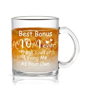 dazlute mothers day gifts for stepmom, best bonus mom ever clear coffee mug for step mom mother in law bonus mom godmother second mom aunt, bonus mom gifts from daughter for birthday christmas, 11oz