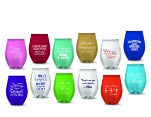 pen kit mall pkm - stemless wine glasses - set of 12 - novelty funny sayings - camping -christmas - new years halloween (novelty funny sayings)