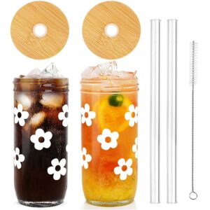 anotion cute glass cups with lids and straws, mason jars with flower design, bamboo lid, iced coffee cups tumbler drinking glasses travel coffee mug perfect for coffee, smoothies, boba tea, and wine