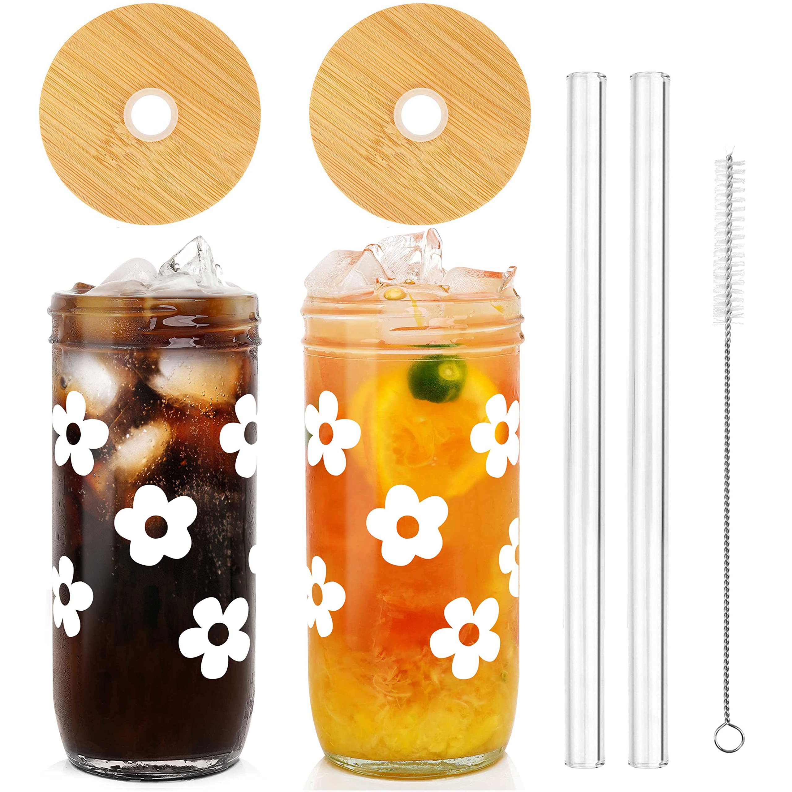 ANOTION Cute Glass Cups with Lids and Straws, Mason Jars with Flower Design, Bamboo Lid, Iced Coffee Cups Tumbler Drinking Glasses Travel Coffee Mug Perfect for Coffee, Smoothies, Boba Tea, and Wine