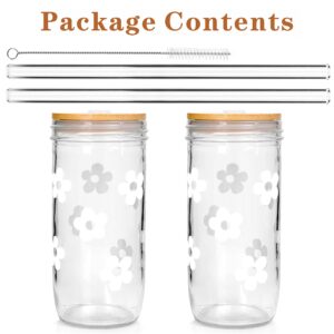 ANOTION Cute Glass Cups with Lids and Straws, Mason Jars with Flower Design, Bamboo Lid, Iced Coffee Cups Tumbler Drinking Glasses Travel Coffee Mug Perfect for Coffee, Smoothies, Boba Tea, and Wine