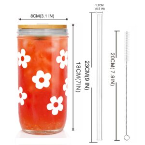 ANOTION Cute Glass Cups with Lids and Straws, Mason Jars with Flower Design, Bamboo Lid, Iced Coffee Cups Tumbler Drinking Glasses Travel Coffee Mug Perfect for Coffee, Smoothies, Boba Tea, and Wine