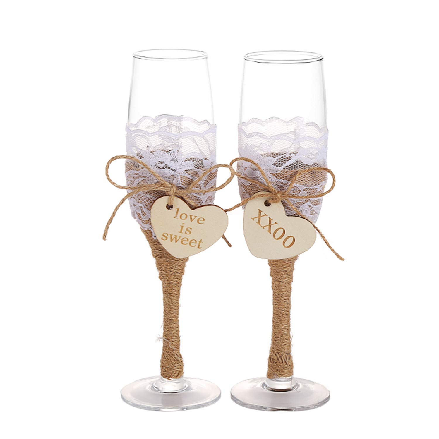 TANG SONG Set of 2 Wood Heart Style Elegant Wedding Champagne Glass Set for Parties Weddings Birthdays Anniversaries