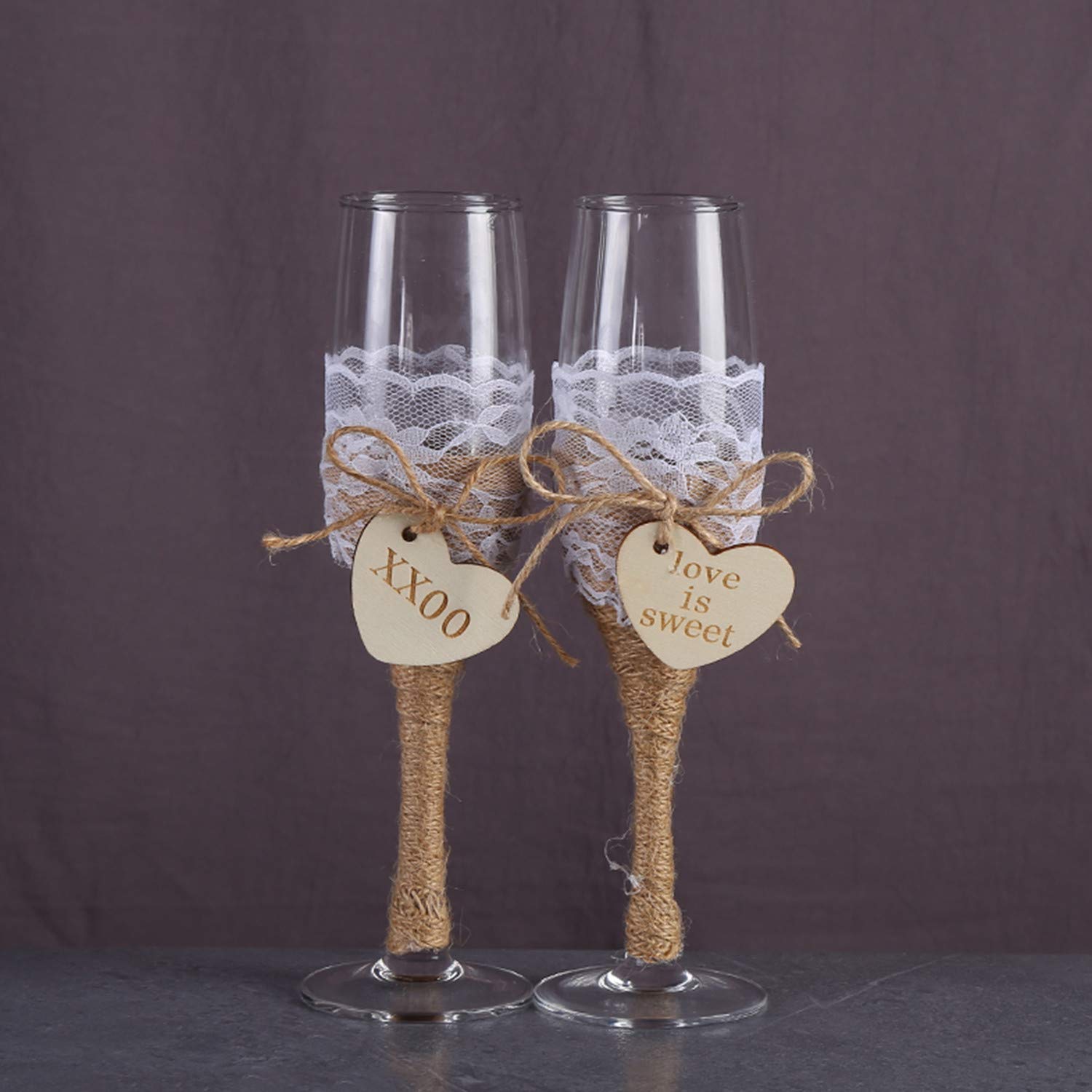 TANG SONG Set of 2 Wood Heart Style Elegant Wedding Champagne Glass Set for Parties Weddings Birthdays Anniversaries