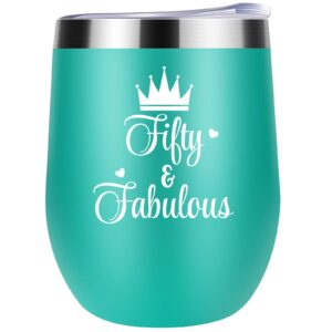 50th birthday gifts for women - 1973 50th birthday decorations for women - birthday gifts for 50 year old woman - green 60 & fabulous 12 oz wine tumbler gift for her, wife, mom, sister, friend