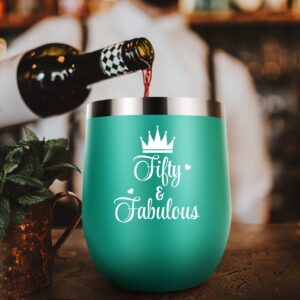 50th Birthday Gifts For Women - 1973 50th Birthday Decorations For Women - Birthday Gifts For 50 Year Old Woman - Green 60 & Fabulous 12 oz Wine Tumbler Gift for Her, Wife, Mom, Sister, Friend