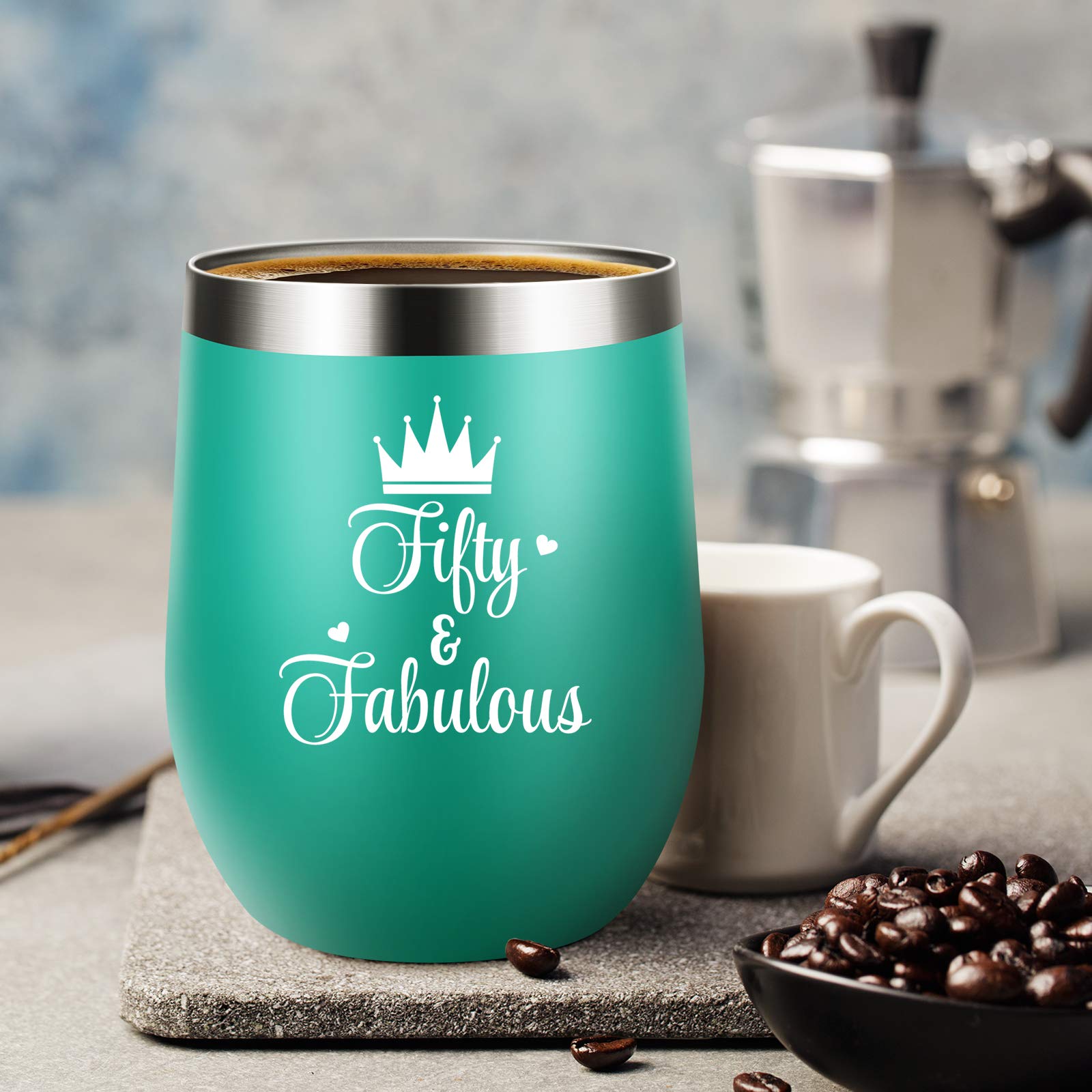50th Birthday Gifts For Women - 1973 50th Birthday Decorations For Women - Birthday Gifts For 50 Year Old Woman - Green 60 & Fabulous 12 oz Wine Tumbler Gift for Her, Wife, Mom, Sister, Friend