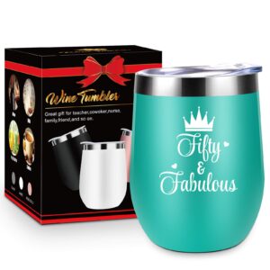 50th Birthday Gifts For Women - 1973 50th Birthday Decorations For Women - Birthday Gifts For 50 Year Old Woman - Green 60 & Fabulous 12 oz Wine Tumbler Gift for Her, Wife, Mom, Sister, Friend