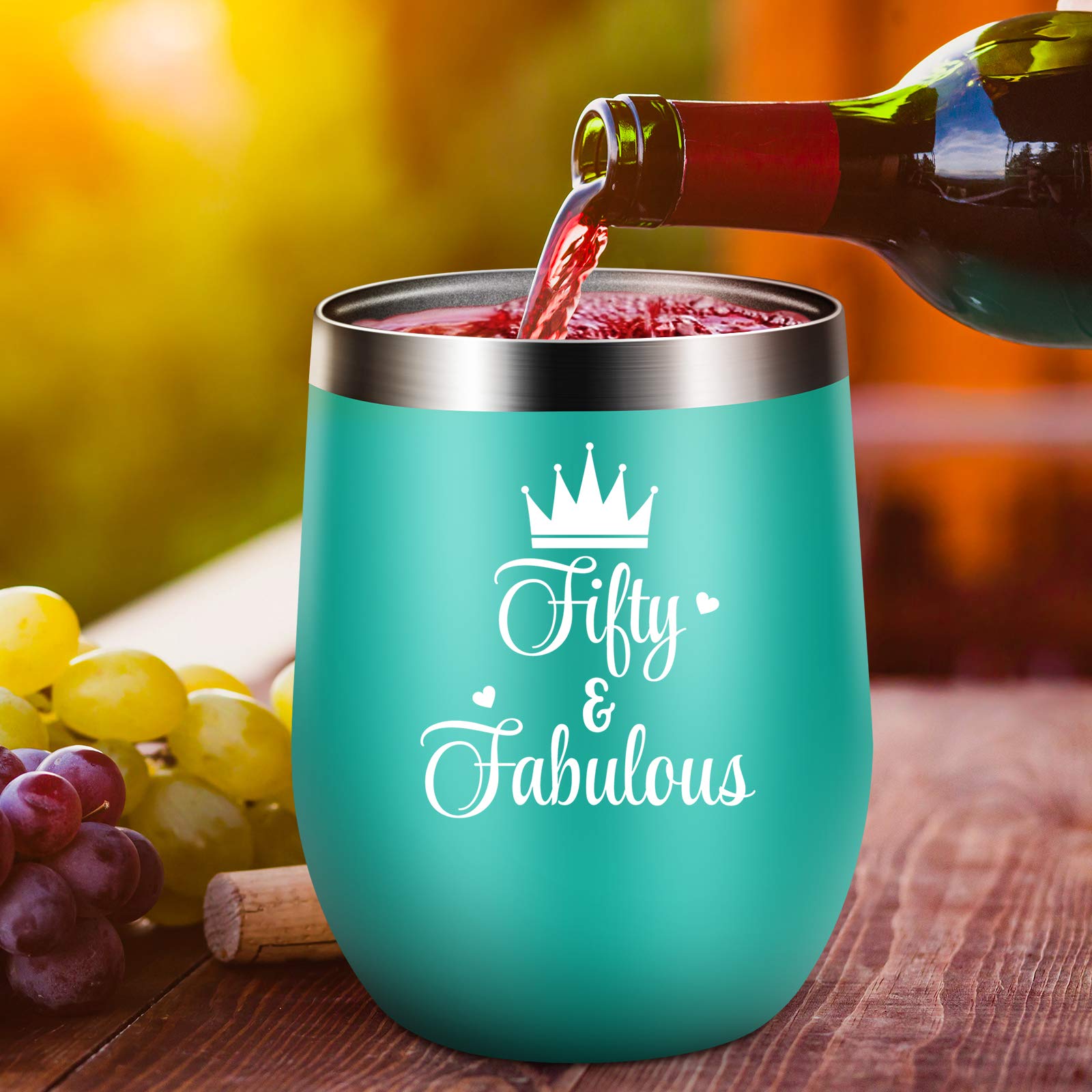 50th Birthday Gifts For Women - 1973 50th Birthday Decorations For Women - Birthday Gifts For 50 Year Old Woman - Green 60 & Fabulous 12 oz Wine Tumbler Gift for Her, Wife, Mom, Sister, Friend