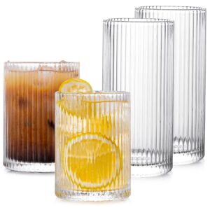 Drinking Glasses with Origami Style Set of 4pcs Glass Cups,2 Highball Glasses & 2 Rocks Glasses,Elegant Ripple Vintage Glassware,Iced Coffee Glasses,Ideal for Cocktail, Whiskey, Beer, Juice, Water