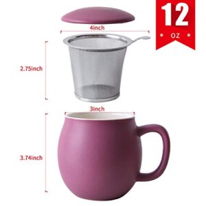 Yundu 12 OZ Matte Purple Porcelain Teacup with Infuser and Lid, Mug with Lid for Steeping - Thankgiving Father Day Christmas Gift for parents - Fun Cup for Men, Women, Him, Her